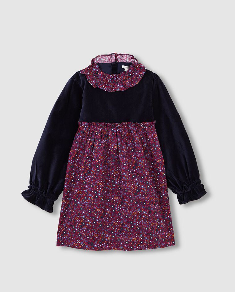 Vestido terciopelo y estampado azul ni&ntilde;a