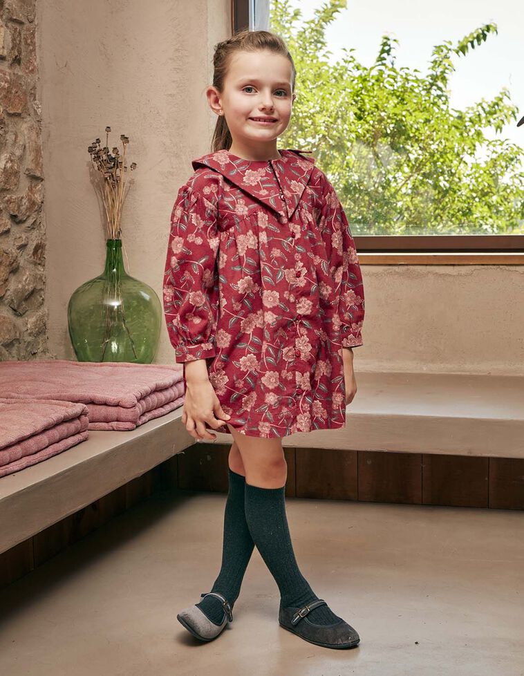 Vestido estampado flores cuello grande granate