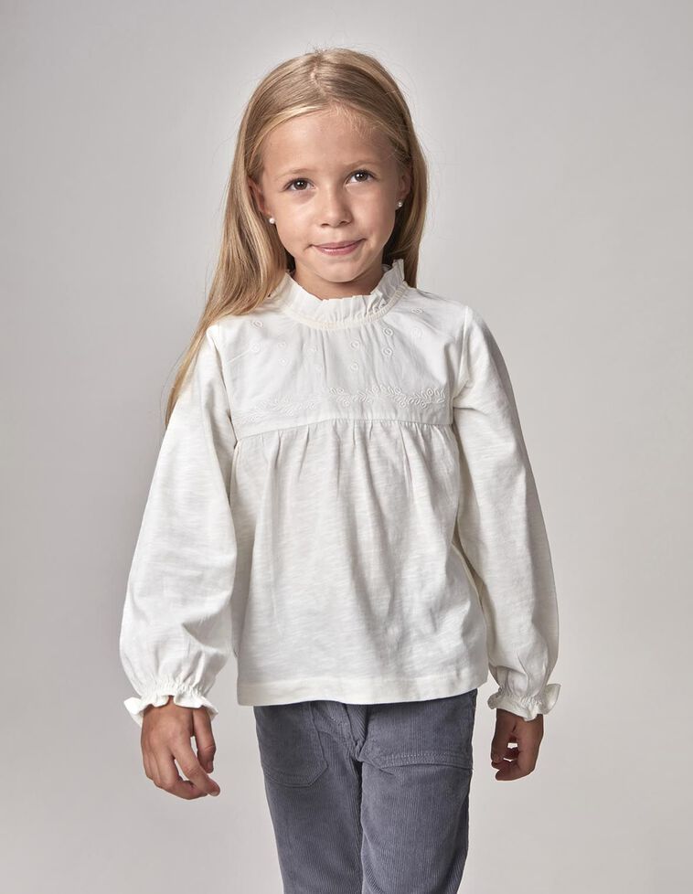 Camiseta manga larga bordado ramitas blanco