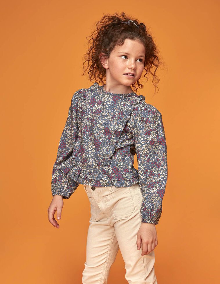 Blusa de flores con tiras fruncidas azul