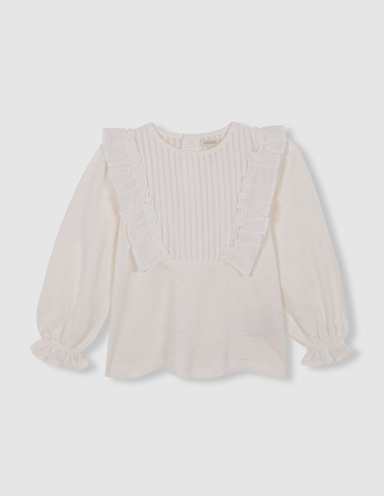 Blusa con volantes en v y puños fruncidos blanco