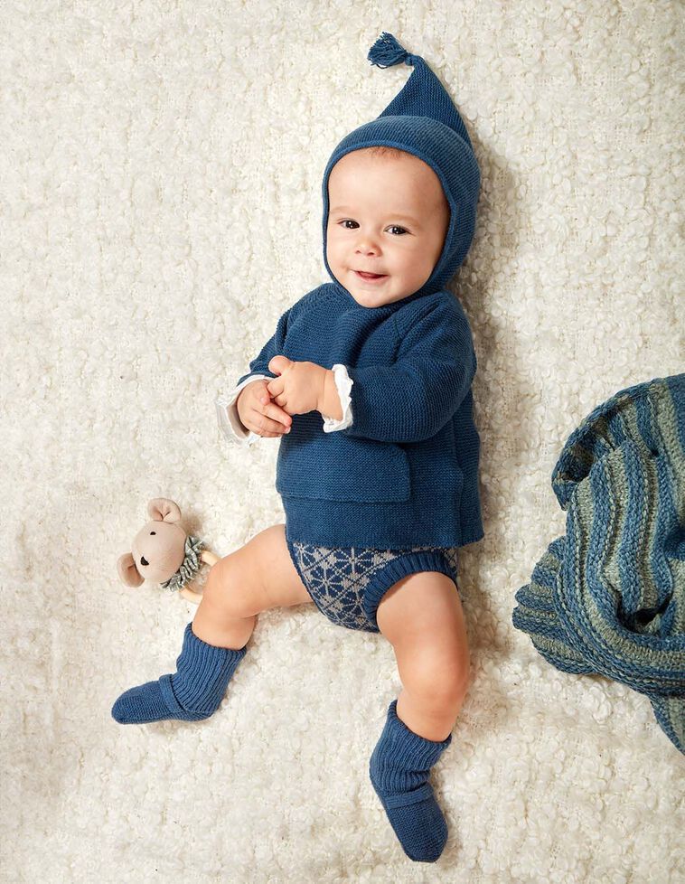 Jersey de punto bobo con capucha azul con lana