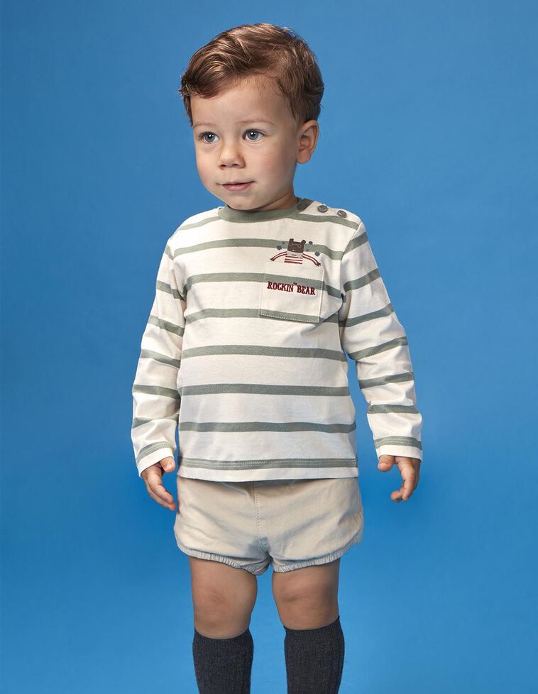 Camiseta de rayas con print oso verde