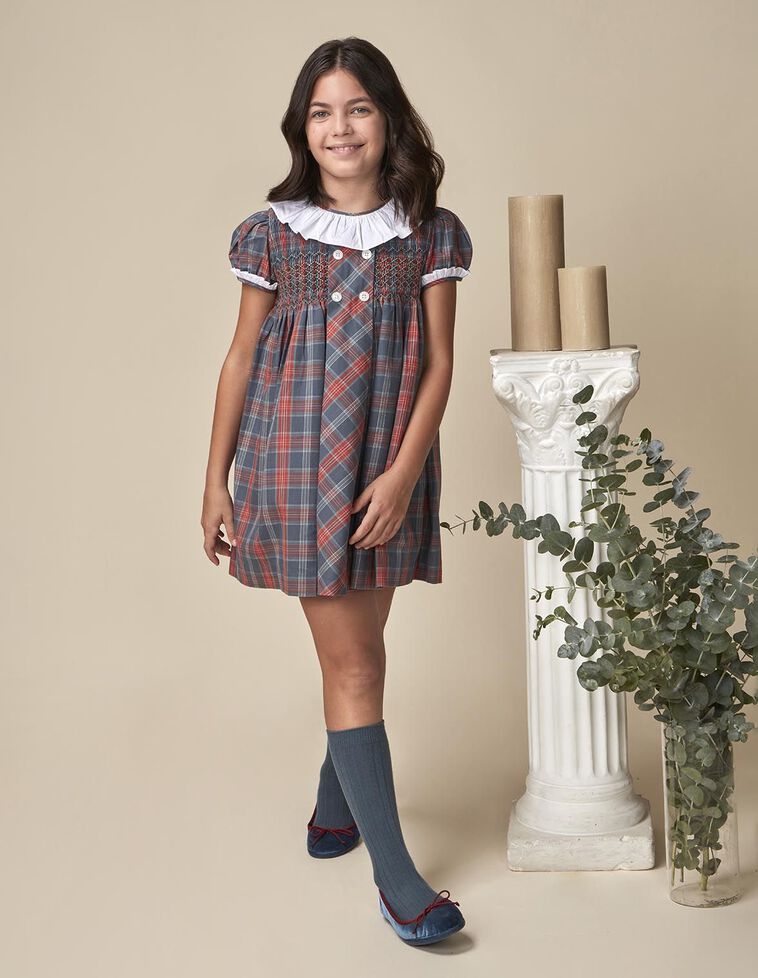 Vestido de cuadros escoceses con nido de abeja a mano azul claro