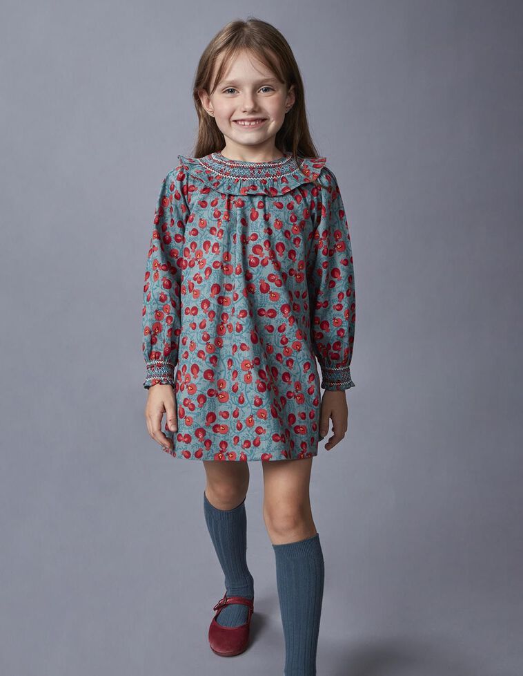 Vestido cuello nido de abeja a mano azul claro